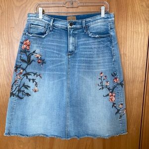 Driftwood embroidered distressed denim skirt